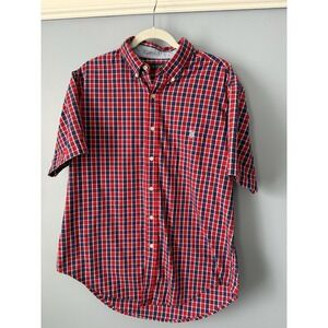 US Polo Assn‎ Button Down Shirt Men Size L Blue Red Plaid Embroidered Pocket